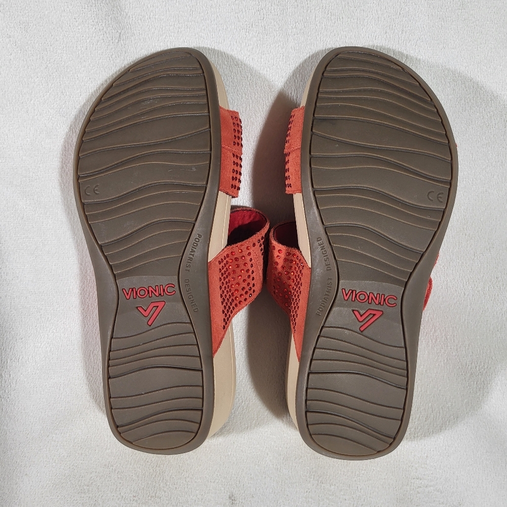 VIONIC Red Rhinestone Suede Comfort Slide Sandals Womens Size 6 Three Strap Adj - Picture 6 of 7